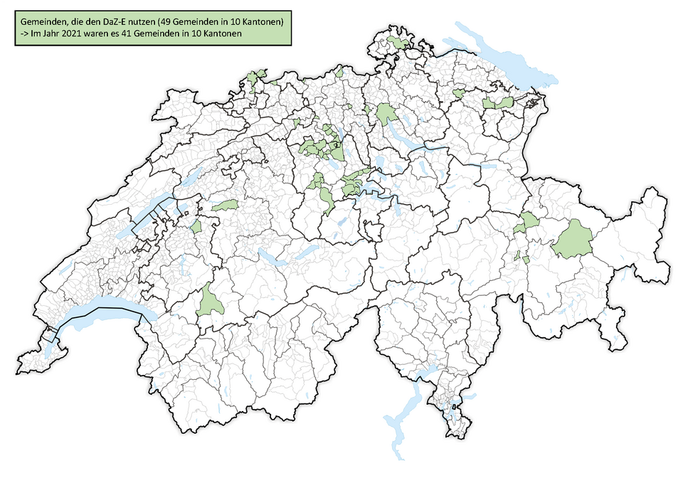 Schweizer Karte mit am DAZ teilnehmenden Gemeinden 2022