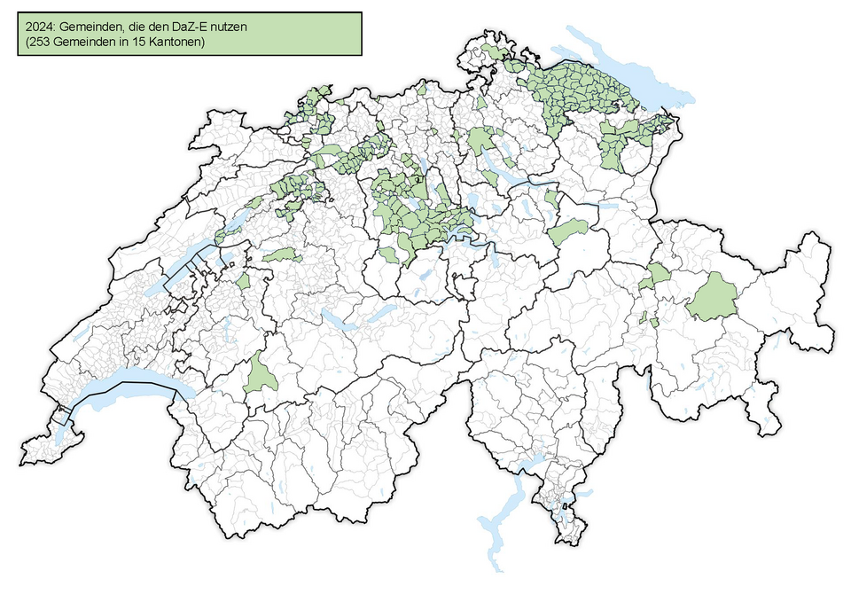 Schweizer Karte mit am DAZ teilnehmenden Gemeinden 2024